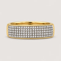 The 10k Gold Round Diamond Wedding Band Ring 3/8 Cttw features a wide band with multiple rows of closely set sparkling diamonds, making it an ideal anniversary or wedding ring.