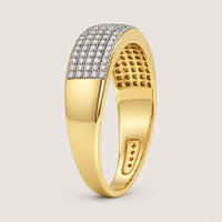 The 10k Gold Round Diamond Wedding Band Ring 3/8 Cttw features a rectangular diamond-set top with three rows of small round diamonds and an inner band detailed with circular indentations, all shown on a plain warm off-white studio background.