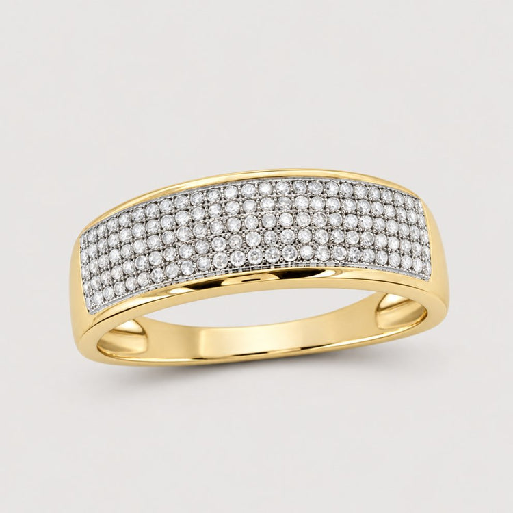 The 10k Gold Round Diamond Wedding Band Ring 3/8 Cttw features a wide top adorned with rows of closely set, sparkling round white diamonds.