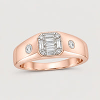 The 10k Gold Baguette Diamond Band Ring 3/8 Cttw features a rose gold band with a central cluster of baguette and round diamonds, plus an additional round diamond on each side for extra sparkle.