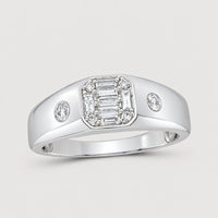 The 10k Gold Baguette Diamond Band Ring 3/8 Cttw features a rectangular cluster of baguette-cut diamonds with round diamonds on each side, all set in a wide polished band—ideal as a wedding band or statement ring.
