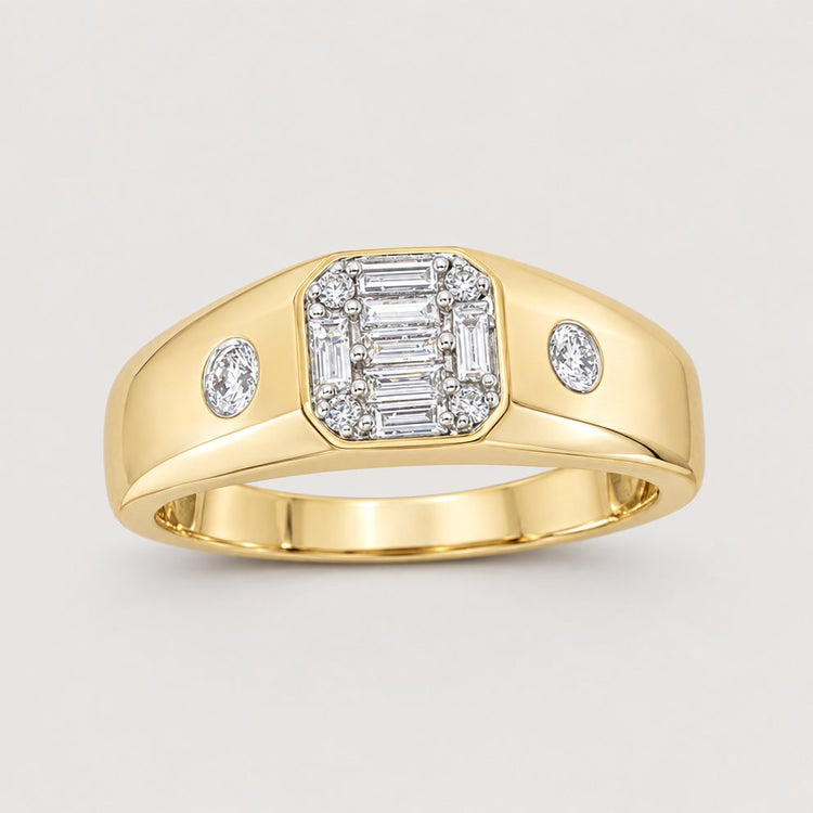 The 10k Gold Baguette Diamond Band Ring 3/8 Cttw showcases a rectangular array of baguette and round diamonds at the center, flanked by oval diamonds—a stunning wedding band option.