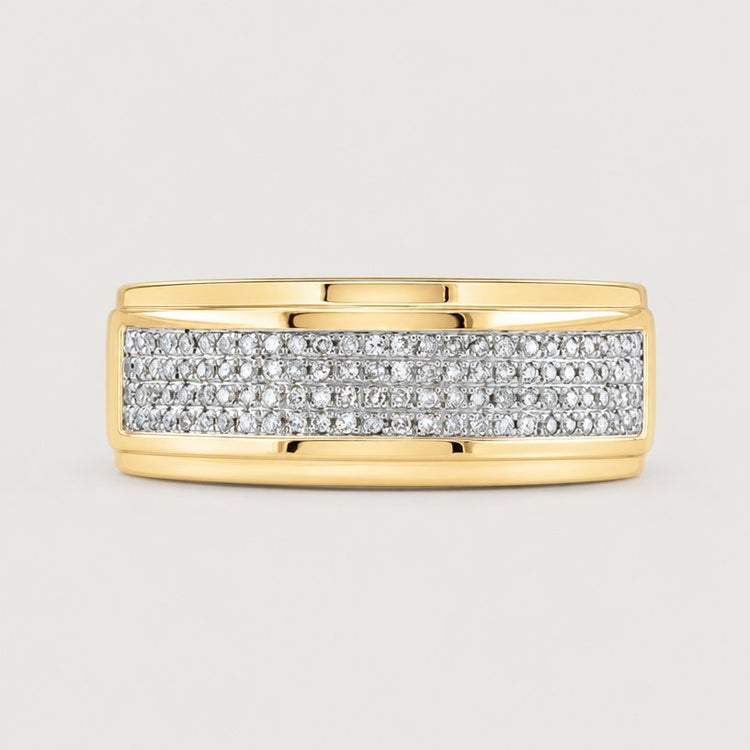 The 10K Yellow Gold Diamond Band Ring 1/3 Cttw features three rows of small, round diamonds set closely together across the front of the band.