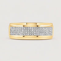 The 10K Yellow Gold Diamond Band Ring 1/3 Cttw features three rows of small, round diamonds set closely together across the front of the band.