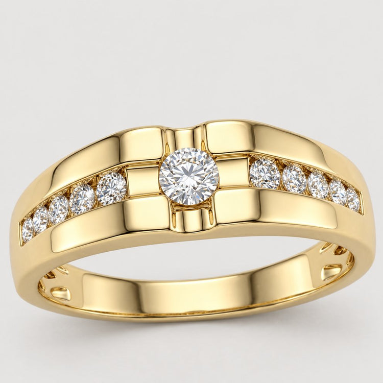 The 10K Gold Round Diamond Solitaire Band Ring 1/2 Cttw features a central round diamond solitaire with three accent diamonds on each side, set in a modern geometric design with a polished finish.