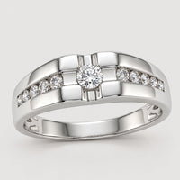 The 10K Gold Round Diamond Solitaire Band Ring 1/2 Cttw features a central round diamond with two rows of smaller diamonds set into the gold band, beautifully displayed on a warm off-white studio background.