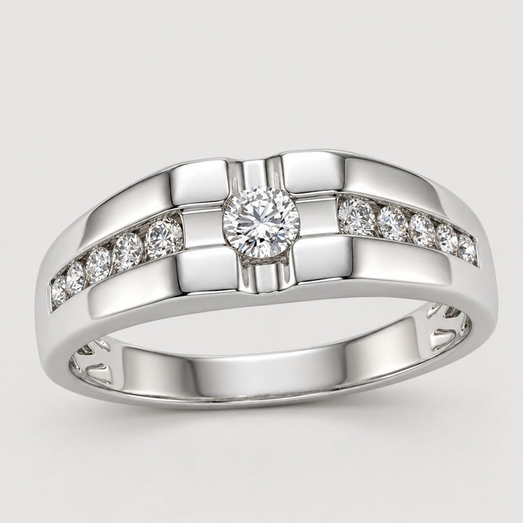 The 10K Gold Round Diamond Solitaire Band Ring 1/2 Cttw features a central round diamond with two rows of smaller diamonds set into the gold band, beautifully displayed on a warm off-white studio background.