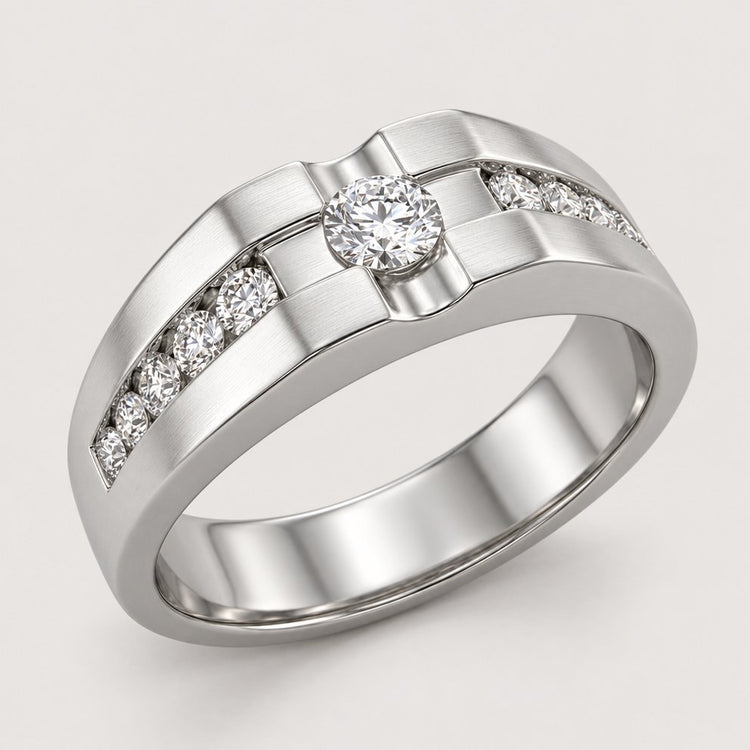 The 10K Gold Round Diamond Solitaire Band Ring 1/2 Cttw showcases a central round diamond and three accent diamonds on each side of the wide band, set against a warm off-white studio background.