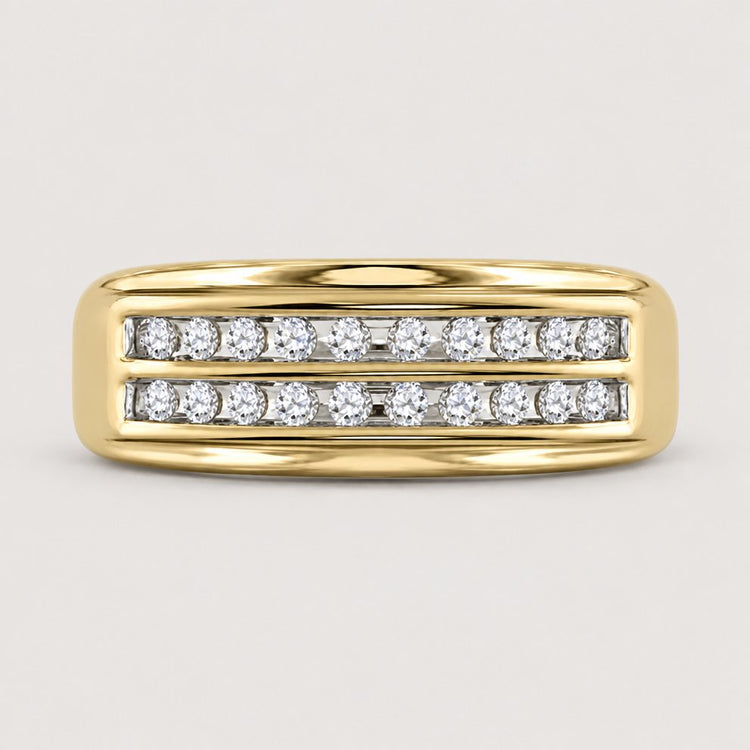 The 10k Gold 2-Row Diamond Wedding Band – 1/4 Cttw features two parallel rows of channel-set round white diamonds at the center, creating an elegant and sparkling design.