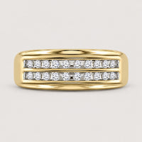 The 10k Gold 2-Row Diamond Wedding Band – 1/4 Cttw features two parallel rows of channel-set round white diamonds at the center, creating an elegant and sparkling design.