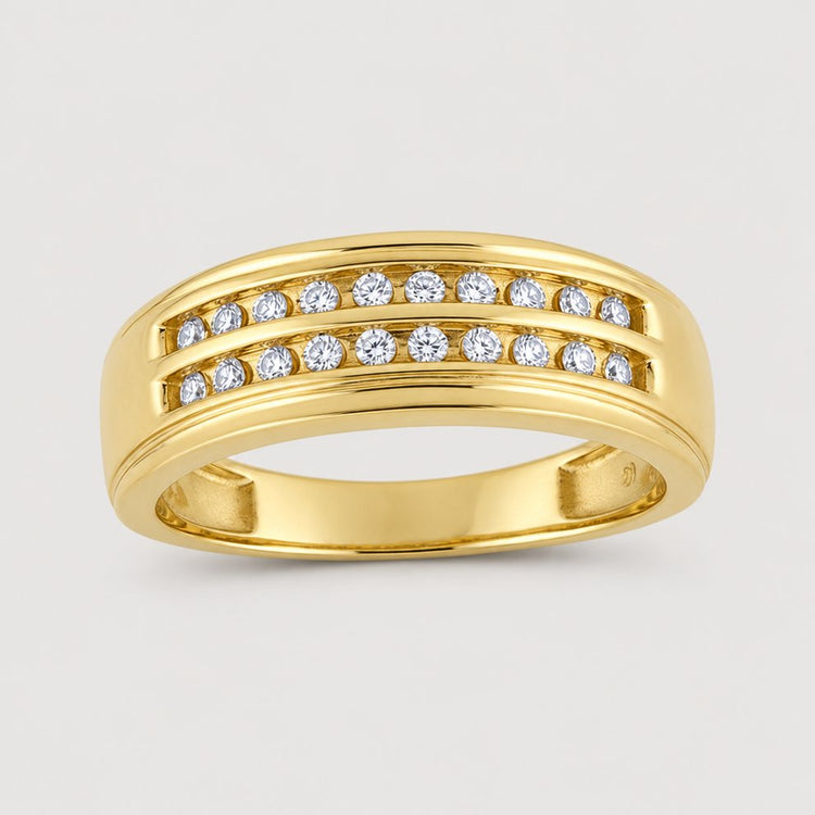 The 10k Gold 2-Row Diamond Wedding Band – 1/4 Cttw features two parallel rows of channel-set diamonds on the top, shown against a plain warm off-white studio background.