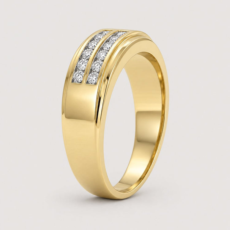 The 10k Gold 2-Row Diamond Wedding Band – 1/4 Cttw features two parallel rows of channel-set diamonds with a polished finish, offering a modern and elegant look.