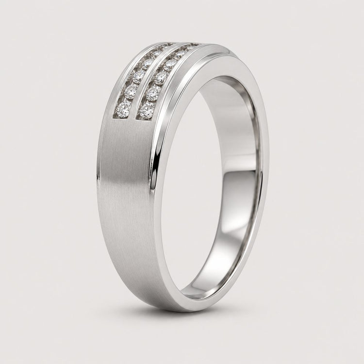 The 10k Gold 2-Row Diamond Wedding Band – 1/4 Cttw features channel-set diamonds in two rows, a matte finish, and a sleek modern look with a polished edge on one side.
