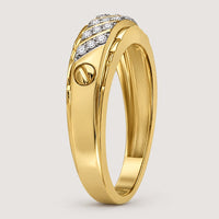 The 10K Yellow Gold 1/5 CTW Diamond Wedding Band displays a row of round diamonds in a curved pattern atop the band, accented by a unique screw-like detail on one side. Set against a plain warm off-white studio background.