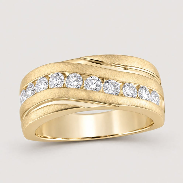 The 10k Gold Diamond Wedding Band Ring 1 Cttw features a polished finish and nine round center-set diamonds, bordered by sleek curved gold bands—an elegant choice for a wedding band.