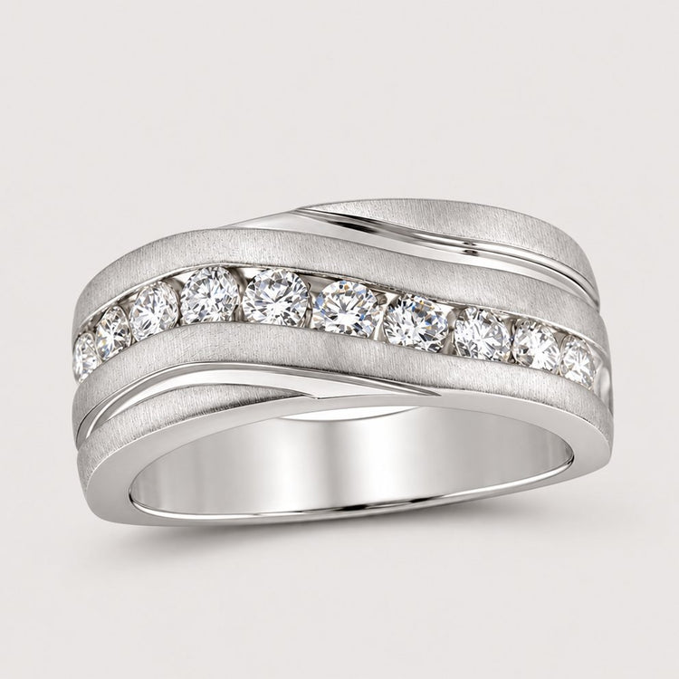 The 10k Gold Diamond Wedding Band Ring 1 Cttw features a row of round diamonds in a horizontal channel, accented by polished and brushed bands with a sleek, wavy modern design.