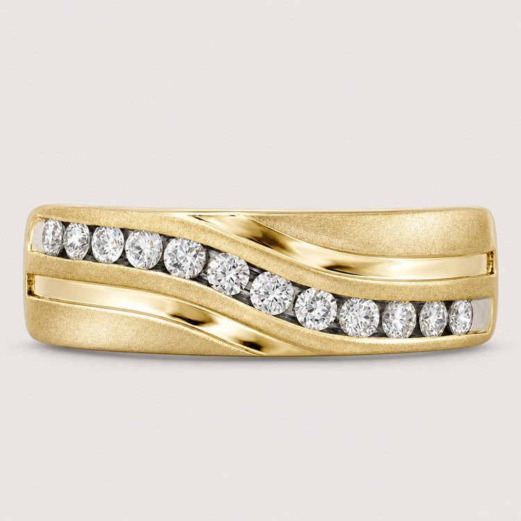 The 10k Gold Diamond Wedding Band Ring 1 Cttw features a wavy design with two rows of round diamonds set in the center, making it an elegant choice for a wedding band.