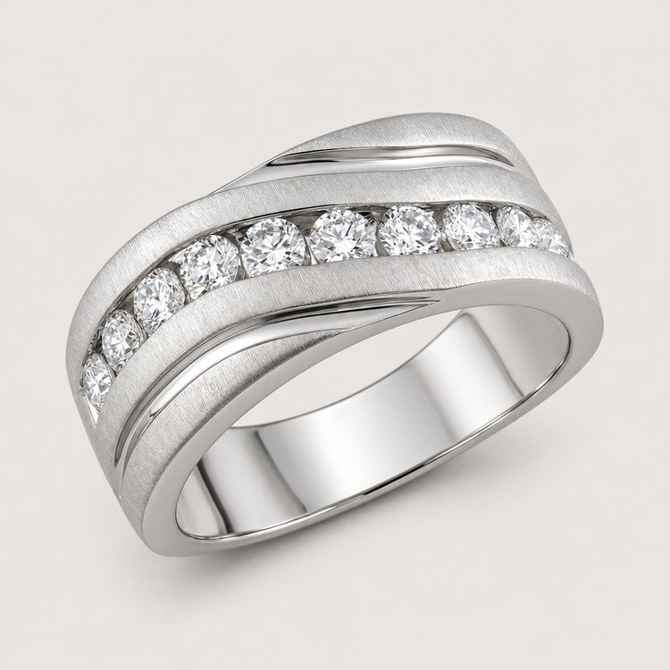 The 10k Gold Diamond Wedding Band Ring 1 Cttw showcases a row of nine round diamonds and two sleek side grooves, offering a modern, elegant look as a standout wedding band.