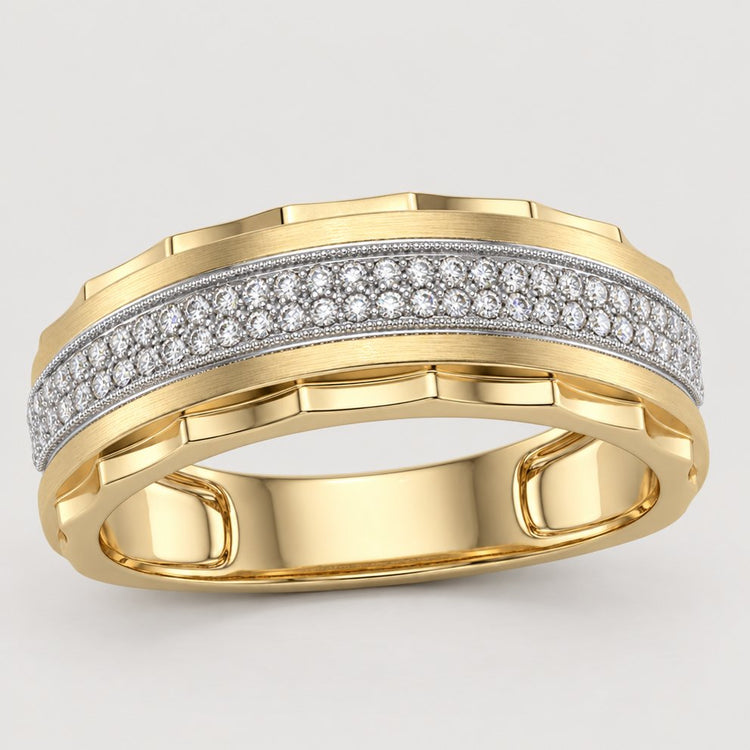 The 10k Gold Diamond Scalloped Wedding Band 1/5 Cttw features elegant milgrain edges, a grooved yellow gold band, and a central row of diamonds set in white metal for a sophisticated wedding look.