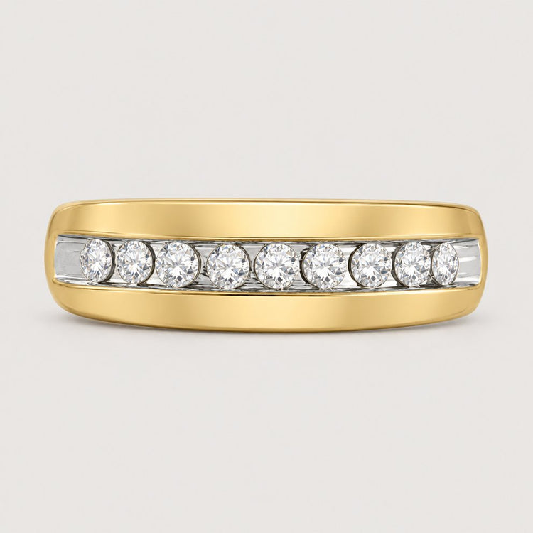The 10k Gold Round Diamond Wedding Band 1/2 Cttw features seven round diamonds in a horizontal channel setting, displayed on a warm off-white studio background.