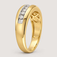 The 10k Gold Round Diamond Wedding Band 1/2 Cttw features a polished finish and three round diamonds set in a white metal accent across the top.
