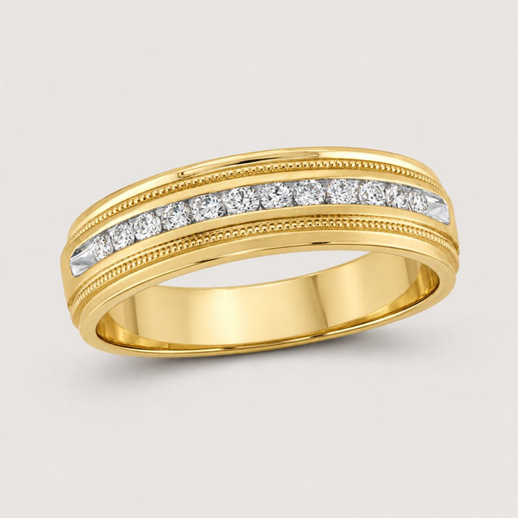 The 10k Gold Round Diamond Wedding Band 1/4 Cttw features round diamonds set in a single row with fine edge detailing, showcased on a warm off-white studio background.