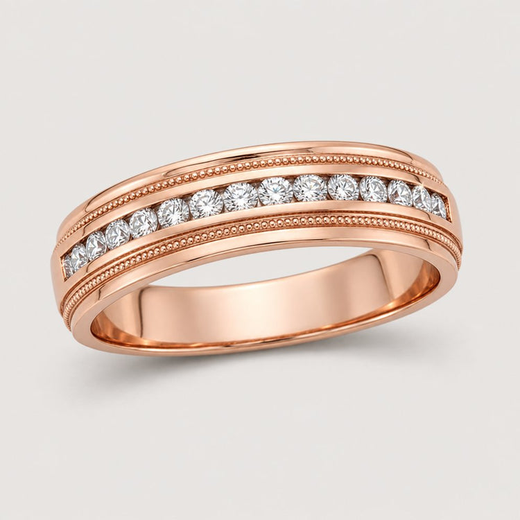 The 10k Gold Round Diamond Wedding Band 1/4 Cttw features a single row of round white diamonds set in rose gold with detailed edges, shown on a warm off-white studio background.