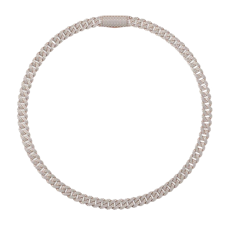 The Diamond Cuban Link Chain 14k - 10mm is a circular, silver-toned necklace with a braid-like pattern and a clasp adorned with small sparkling stones, displayed on a white background.