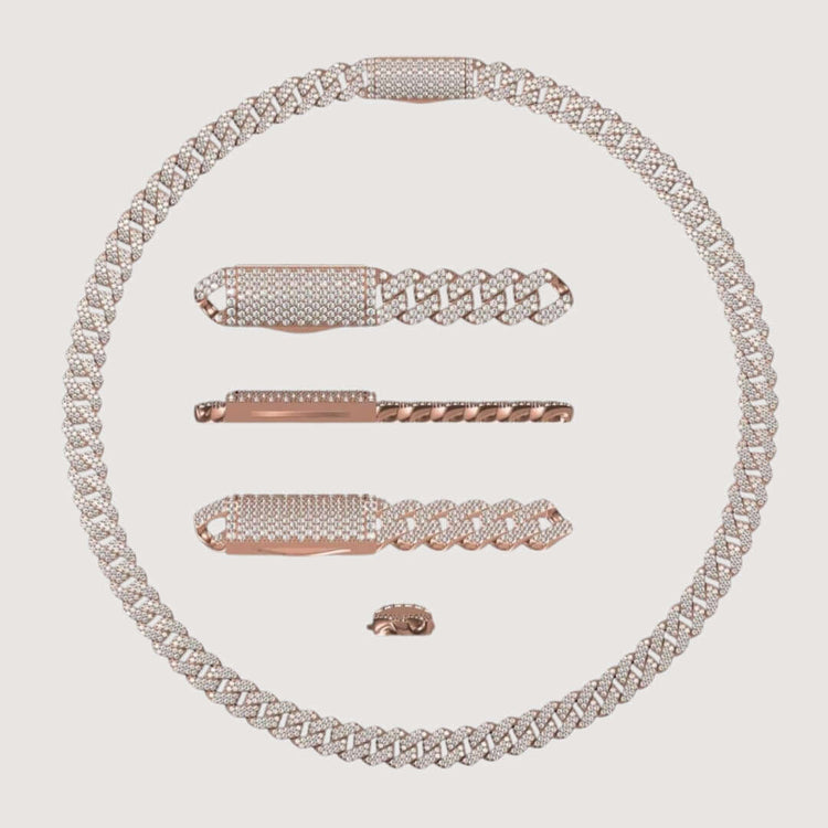 The Diamond Cuban Link Chain 14k - 10mm in rose gold is displayed on a light background, shown both as a complete circle and separated into individual links and clasp components.