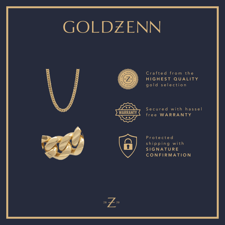 GoldZenn promotional image featuring the 14mm Handmade Miami Cuban Link Chain - 10K/14K Solid Gold, with text highlighting premium gold quality, hassle-free warranty, and secure shipping with signature confirmation.