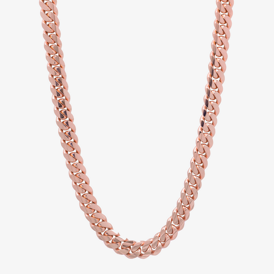 Shop our 10mm Rose Gold Cuban Link Chains at Goldzenn. Crafted from 10k, 14k, or 18k Solid Rose Gold, this Miami Cuban link chain is available in various lengths. 