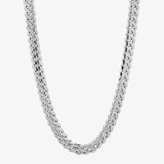 10mm White Gold Cuban Link Chains at Goldzenn. Crafted from 10k, 14k, or 18k Solid White Gold, this Miami Cuban link chain is available in various lengths. 