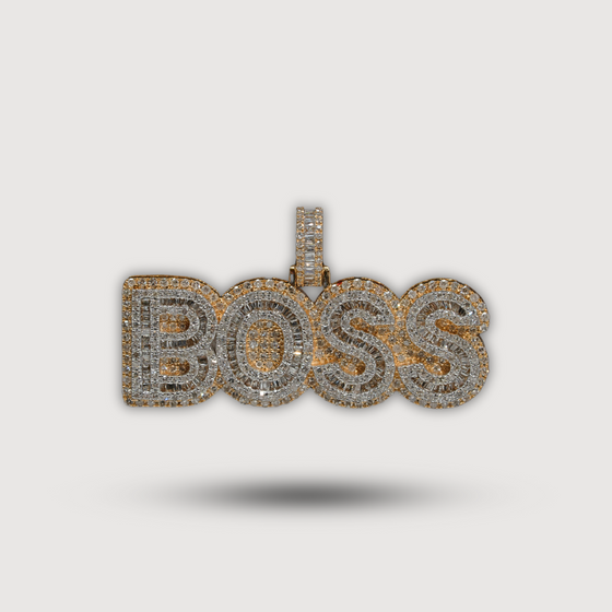 Boss Diamond Pendant in 14K Yellow Gold with 7.1 Carats of Diamonds spelling "BOSS" on a white background.