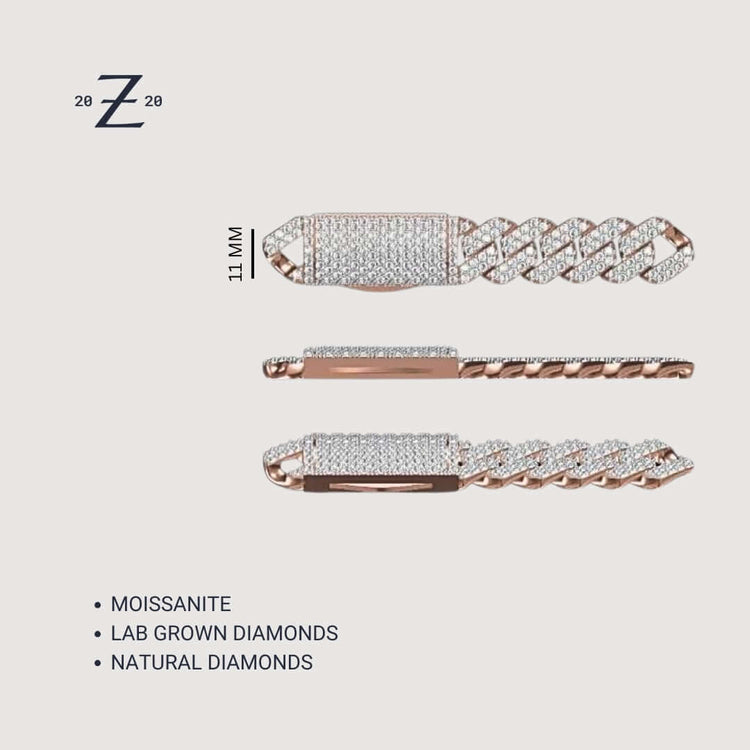 Three views of the Diamond Cuban Link Chain 14k - 11mm in rose gold, featuring interlocking links with sparkling stones. Available with moissanite, lab-grown, or natural diamonds. Z logo and 11 mm size displayed. Inspired by the classic Cuban link style.