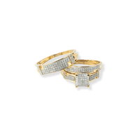 The 1/2 CTW 10k Yellow Gold Princess Cut Wedding Trio Set features elegant rectangular and square designs with multiple small diamonds, showcased on a white background—perfect for special occasions.