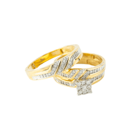 A close-up highlights the 1/2 CTW 10k Yellow Gold Wedding Trio Set, featuring elegant matching engagement and wedding rings.