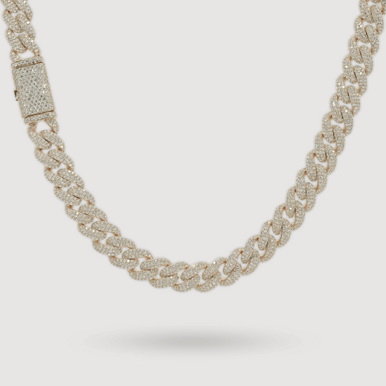 11mm Iced-Out Cuban Link Chain with 21ct lab-grown diamonds and 10k gold, showcasing luxury men's jewelry.