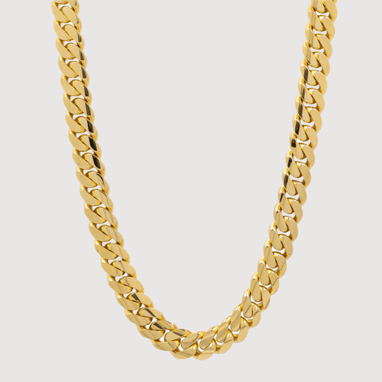 The 12mm Handmade Miami Cuban Link Chain with Evil Eye Lock in 14K solid gold is shown against a plain white background.