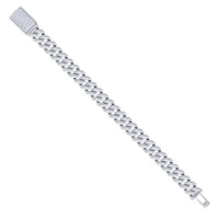The Silver Moissanite Cuban Link Bracelet - 12mm features a rectangular, textured clasp and is displayed diagonally on a white background.