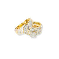 The 1/3 CTW 10k Yellow Gold Round Cut Wedding Trio Set features two rings with diagonal diamond rows and a raised round cluster centerpiece, presented on a white background.