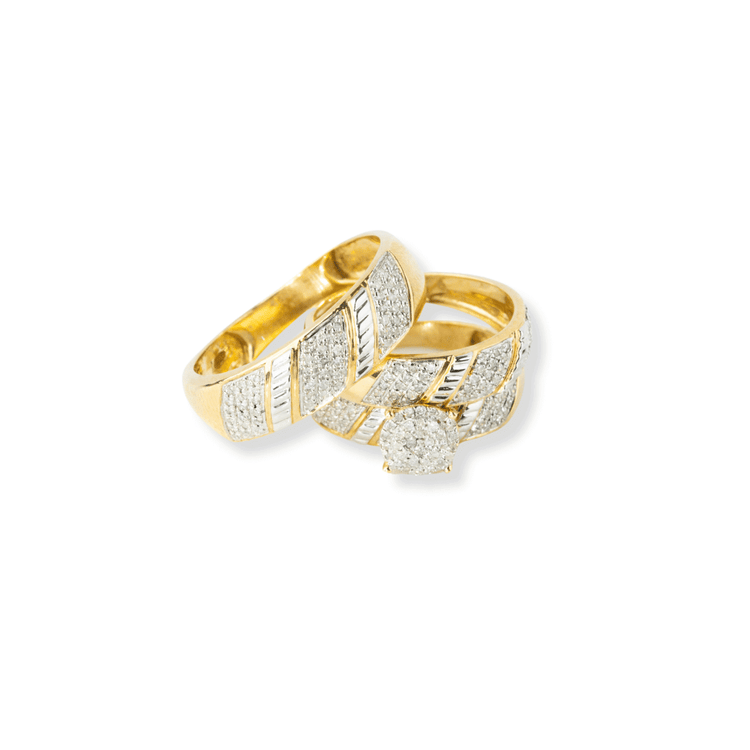 The 1/3 CTW 10k Yellow Gold Round Cut Wedding Trio Set features two rings with diagonal diamond rows and a raised round cluster centerpiece, presented on a white background.