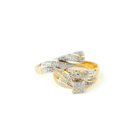 The 1/3 CTW 10k Yellow Gold Wedding Trio Set features overlapping gold bands accented with sparkling diamonds and a bold square diamond cluster centerpiece—ideal as an engagement ring or for a wedding trio.