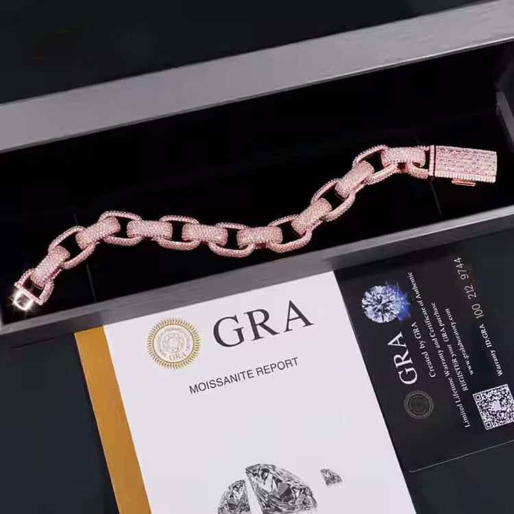 The Silver Moissanite Bracelet Rose Gold -13mm is displayed in an open black box, along with a GRA Moissanite Report and certification card.