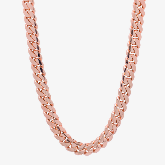 Shop 13mm Rose Gold Cuban Link Chain. Crafted from 10k, 14k or, 18k Solid Rose Gold. Our Miami Cuban Link Chains are available in various lengths. Make it your own and customize the lock. 