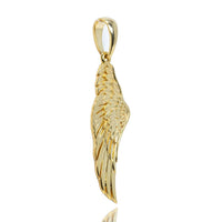 The 14K Gold Angel Wing Pendant features detailed feather engravings, a polished finish, and a top loop for attaching to your favorite necklace.