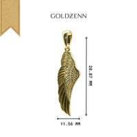The 14K Gold Angel Wing Pendant, sized 28.87 x 11.56 mm, is shown on a white background with measurements—an elegant addition to any angel wing necklace collection.