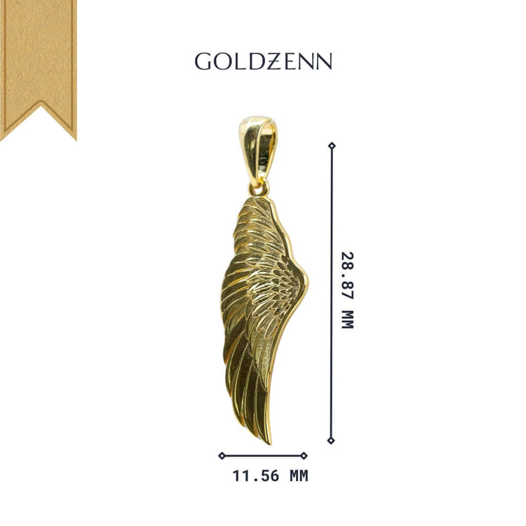 The 14K Gold Angel Wing Pendant, sized 28.87 x 11.56 mm, is shown on a white background with measurements—an elegant addition to any angel wing necklace collection.