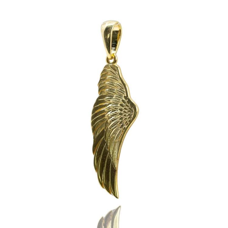 The 14K Gold Angel Wing Pendant features intricate feather etchings and a matching gold bail, making it a graceful and elegant necklace—ideal for someone special.