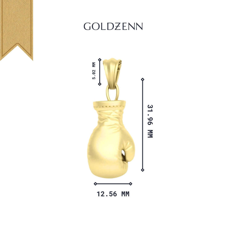 The 14K Gold Boxing Glove Pendant – Men's Gold Pendant measures 31.96 mm tall, 12.56 mm wide, with a 5.82 mm bail. The brand name GOLDZENN is shown above the pendant on a white background.
