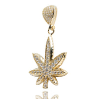 The Cannabis Pendant with CZ Stones - 14k Gold features a cannabis leaf shape, sparkling CZ stones on the leaf and bail, and is shown against a white background—a striking piece of cannabis jewelry.